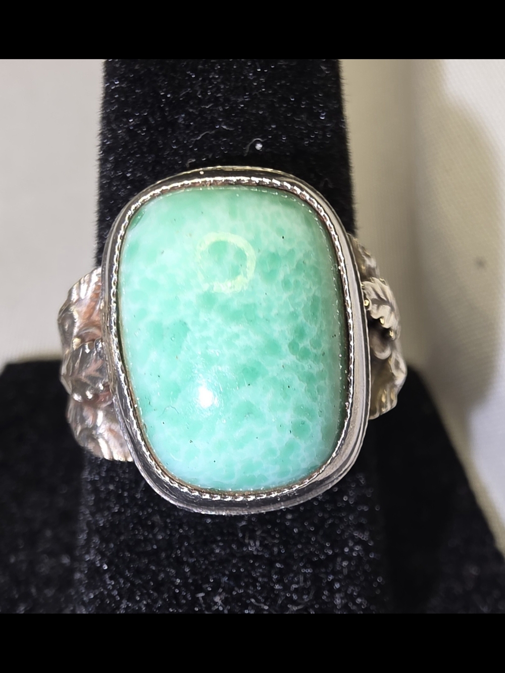 Amazonite Green Ring Sterling Silver, Leaf-detailed Sides, SZ 5.75